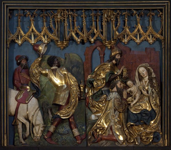 Main altar by Veit Stoß 1477-1489, lower left wing: Adoration of the Magi, St., Saint, Saint