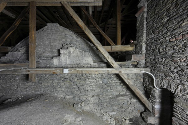 Above the choir vault, view from the east of the wall above the choir arch, Church of St., Church