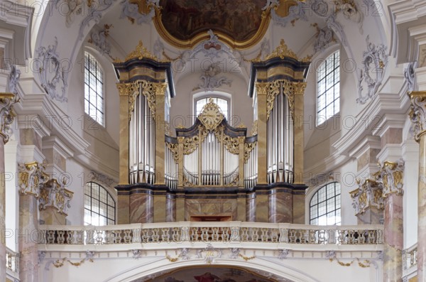 View to the east with the altar of grace and main organ. The Vierzehnheiligen Basilica near Bad