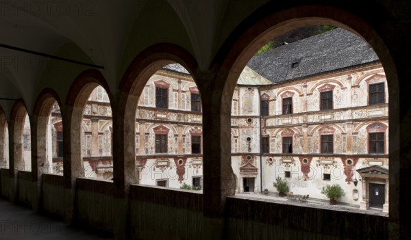 Österr Jenbach Schloss Tratzberg View from the loggia of the south wing to the NW. Castle complex