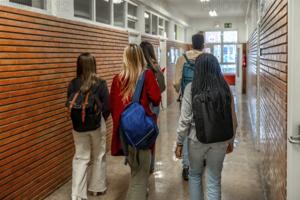 Group of diverse high school or university students walking down school hallway between classes