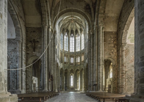 Mont-Saint-Michel, monastery hill, abbey church, interior facing east, transept early Romanesque
