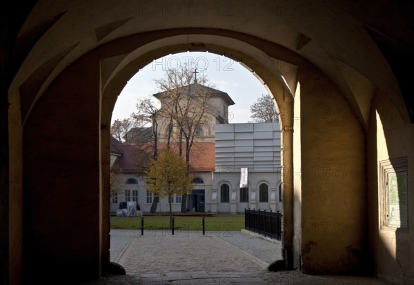 View from the west portal to the castle church, on the right the former stables, now a concert