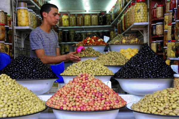 UNESCO World Heritage Site, Marrakech, Morocco, Africa, Different types of olives in large bowls on