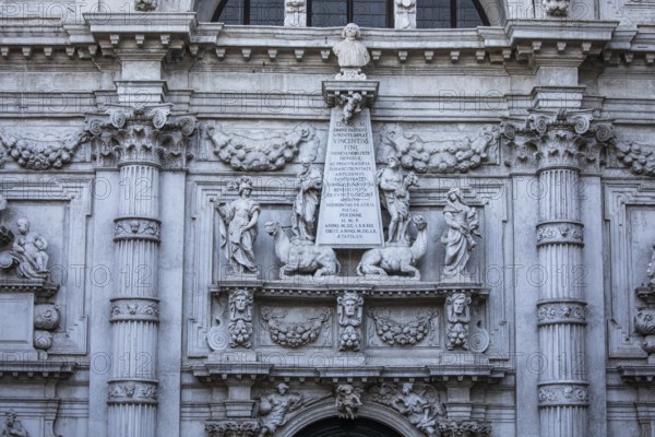 Figural and ornamental decoration, façade of the church of San Moisè, detail, Venice, Italy, Europe