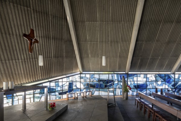 Krefeld, portable tent church St Hubertus, built in 1959 by Heinz Döhmen, stained glass windows by
