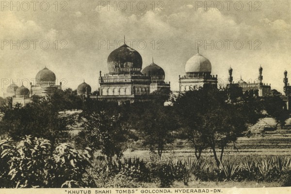 Heritage, old picture postcard, Kutub sahi tombs, Golconda, Hyderabad, Andhra Pradesh, India, Asia