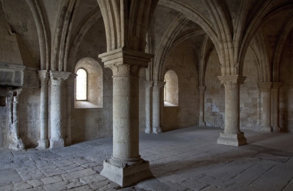Cistercian monastery founded in 1144, church built 1175-1220, monks' hall or warming room also used