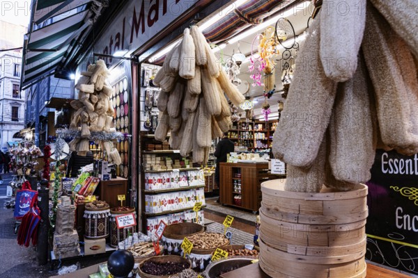 Luffa sponges, shop, oriental spice trade in Noailles, Marseille, France, Europe