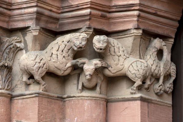 Mainz, St Martin's Cathedral, east choir, south portal, capital with lion, griffin and ram