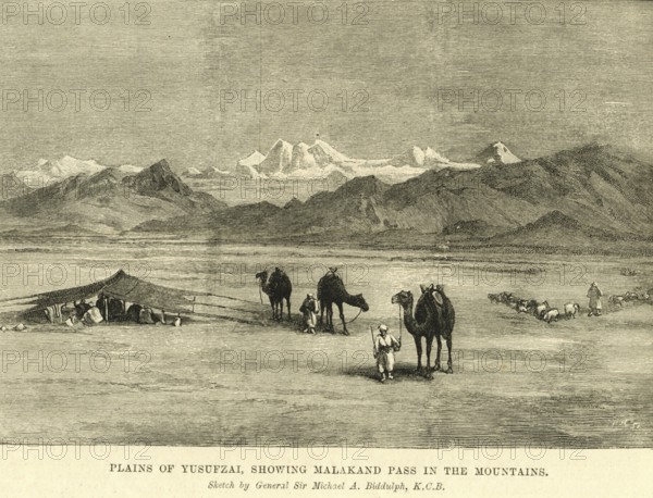 Plains of Yusufzai, showing Malakand pass in the mountains, India, Asia