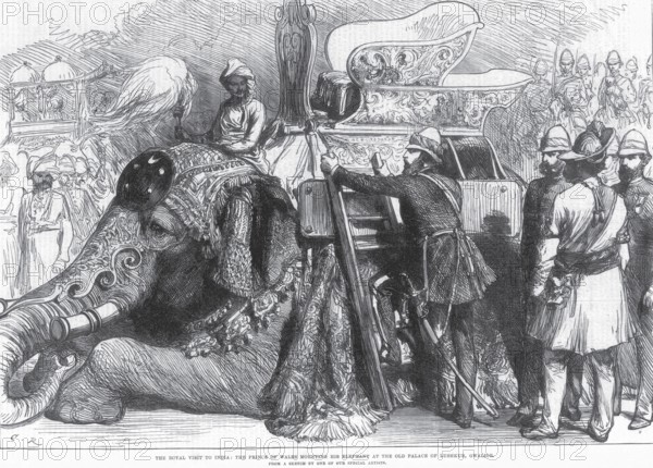Royalty on Tour Royal visit Prince of Wales Mounting his Elephant at the Old Palace of Lushkur,