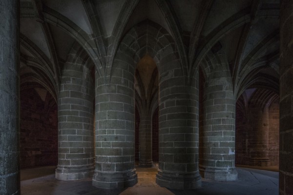 Mont-Saint-Michel, monastery mountain, crypt of the massive columns built in the middle of the 15th