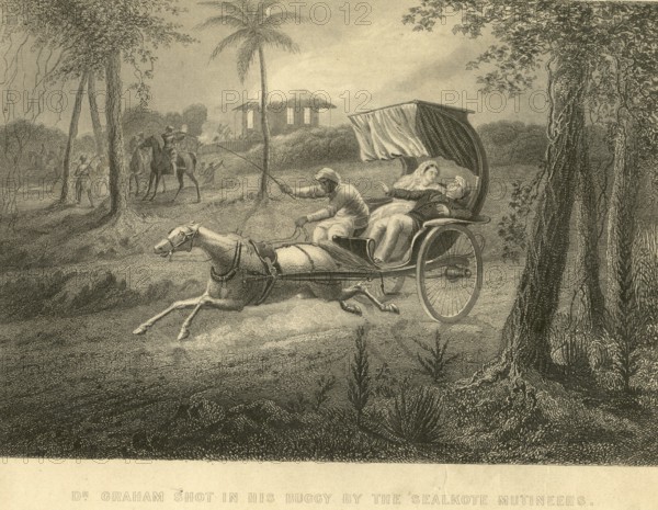 Military and munity mutiny views Dr Graham shot in buggy by sealkote mutineers, India, Asia