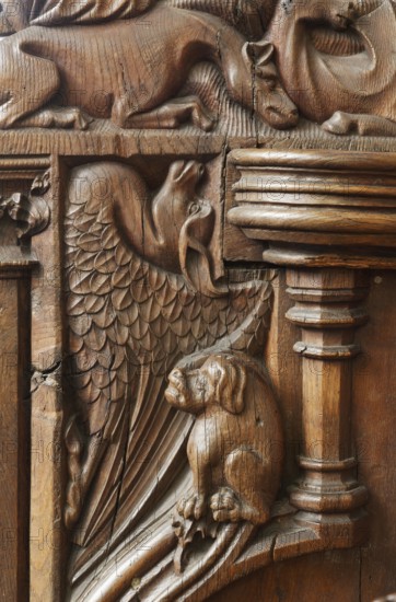 Choir, north wall, detail of choir stalls Animals and mythical creatures, St., Saint, Saint