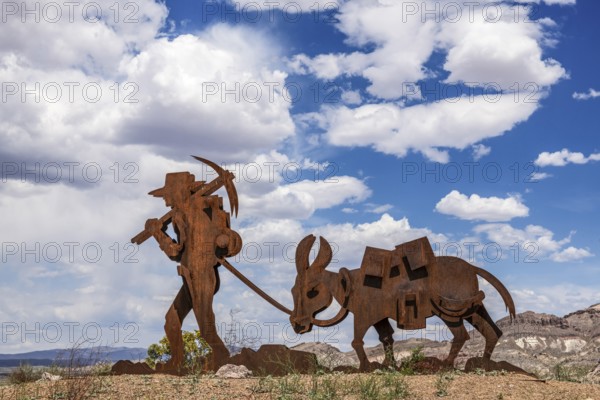 Gold miner's corten steel artwork, Beatty, Nevada, USA, North America