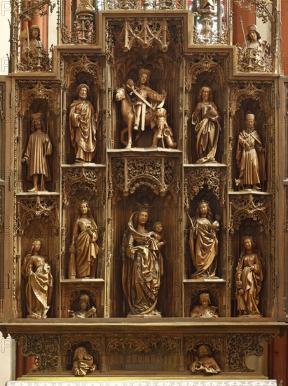 Carved altar, centre shrine, St., Saint, Saint