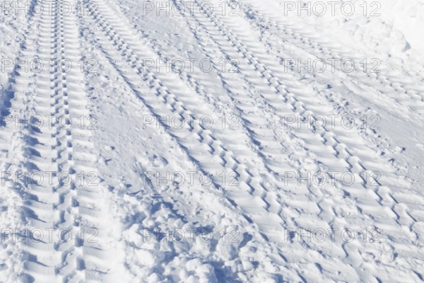 Winter, tire prints in the snow, Saint Lawrence River, Province of Quebec, Canada, North America