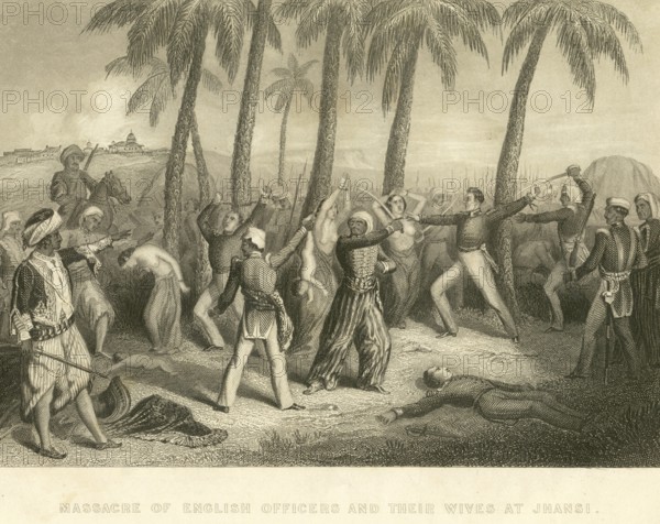 Military and munity mutiny views massacre of English officers and their wives at Jhansi, Uttar