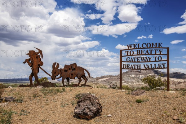 Gold miner's corten steel artwork, Beatty, Nevada, USA, North America