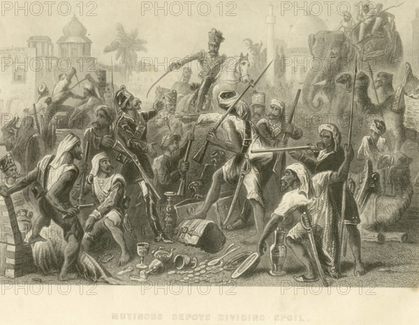 Military and munity mutiny views Mutinous Sepoys soldier diving spoil, India, Asia