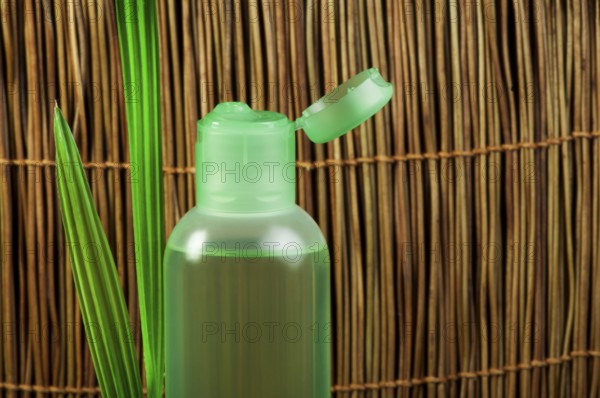 Green cosmetic bottle and green leaf. Copy space