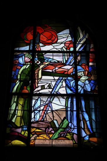 Stained glass window in the chapel in the ossuary at Douaumont, Verdun, Grand Est region, France,