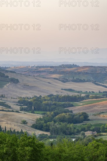 Hilly landscape in Tuscany, view from the upper city wall of Montepulciano, Tuscany, Italy, Europe