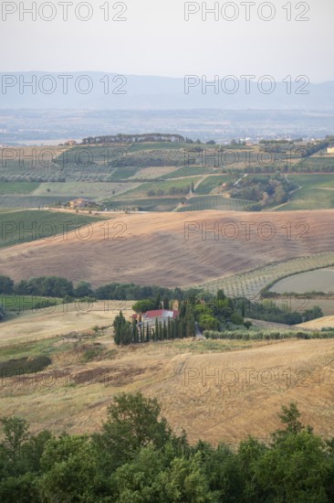 Hilly landscape in Tuscany, view from the upper city wall of Montepulciano, Tuscany, Italy, Europe