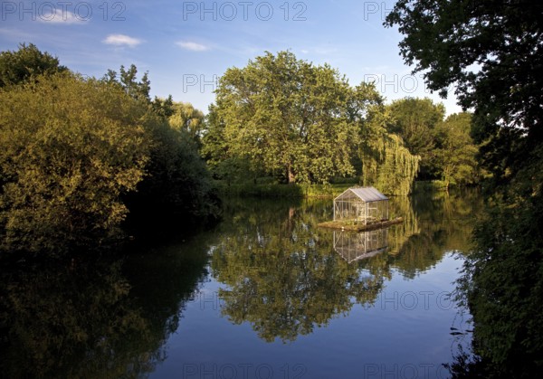 The River Lippe at Laumannshügel with the artwork Arche by Christoph Hildebrand, Lippstadt, North