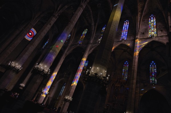 Play of colours, play of light, colourful church windows, interior view, La Seu, Basilica de Santa