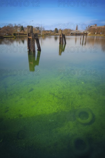 View of the bottom of the Stichkanal at the Linden harbour lock, mooring facilities, long exposure,