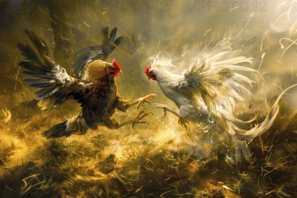 Surrealist representation of a cock fighting, AI generated