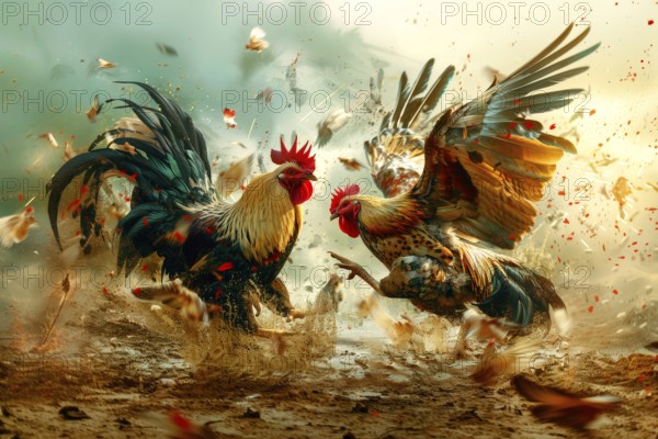 Surrealist representation of a cock fighting, AI generated