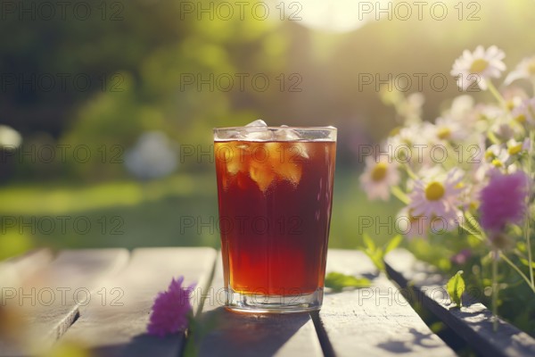 Drinking glass of iced tea on table in garden white summer flowers. Generetiave AI, AI generated