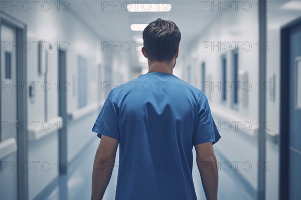 Back view of male nurse in blue scrub in hospital room. Generative AI, AI generated