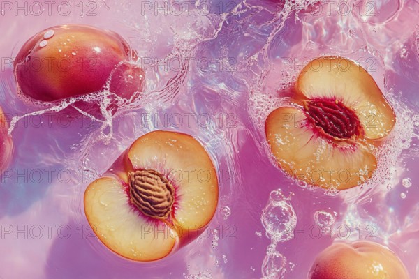 Halves of a peach fruits with kernels floating in water. Generative Ai, AI generated