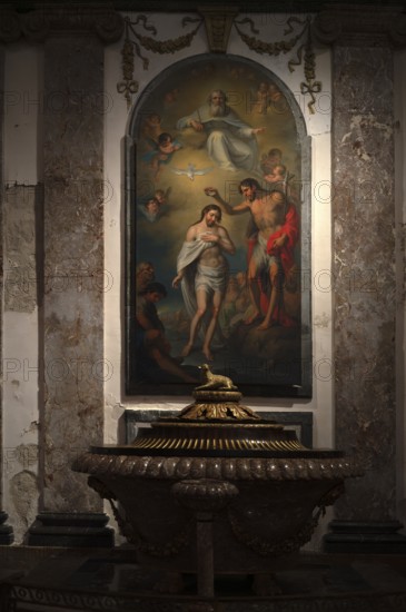 Baptismal font, Painting, Interior view, La Seu, Basilica de Santa Maria, Cathedral of St Mary,