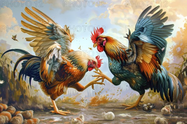 Surrealist representation of a cock fighting, AI generated