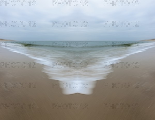 Mirrored picture, blurred, waves on Sylt North Sea beach, National Park Wadden Sea, Sylt, Hoernum,
