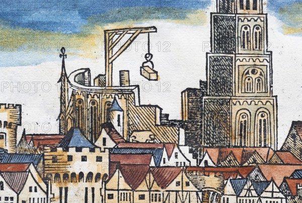 Cathedral and cathedral building, medieval city view, Cologne or Colonia, old coloured woodcut