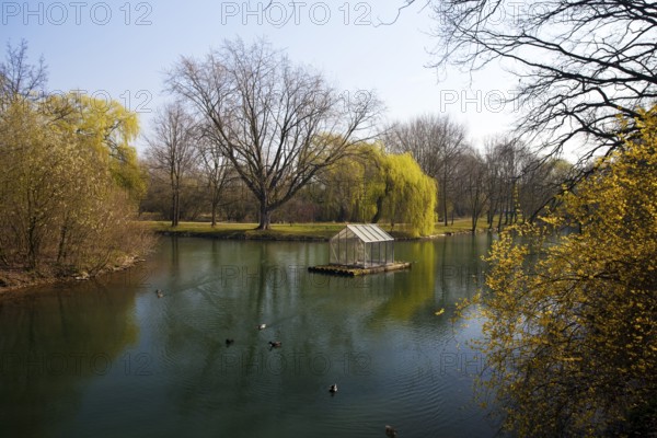 The River Lippe at Laumannshügel with the artwork Arche by Christoph Hildebrand, Lippstadt, North