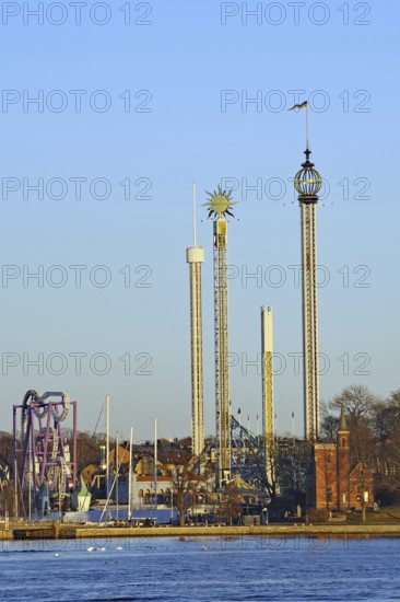 Amusement park with high rides and towers near the water, Djurgarden, Stockholm, Sweden, Europe