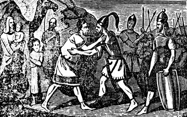 Embrace and reconciliation of the brothers Jacob and Esau in Canaan, family, woman, children,