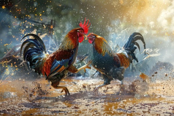 Surrealist representation of a cock fighting, AI generated