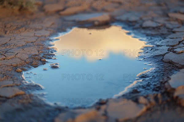 Close up of small water puddle in desert. Drough concept. Generative AI, AI generated