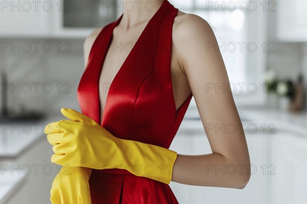 Trad wife concept showing woman in elegant red dress with yellow cleaning rubber gloves in kitchen.