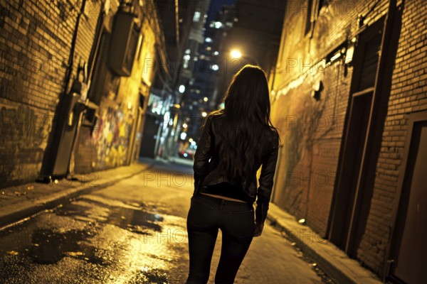 Back view of young woman walking alone in dark street at night. Generative AI, AI generated