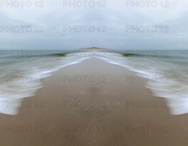 Mirrored picture, blurred, waves on Sylt North Sea beach, National Park Wadden Sea, Sylt, Hoernum,