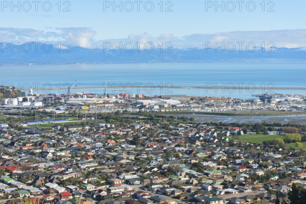 View of Nelson town and Mount Arthur mountain range in the distance, Nelson, Nelson Region, South